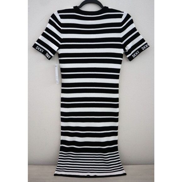 DKNY DD5Z1104 Women's Sz S Black/Ivory Striped Short Sleeve Sweater Dress - Picture 2 of 7